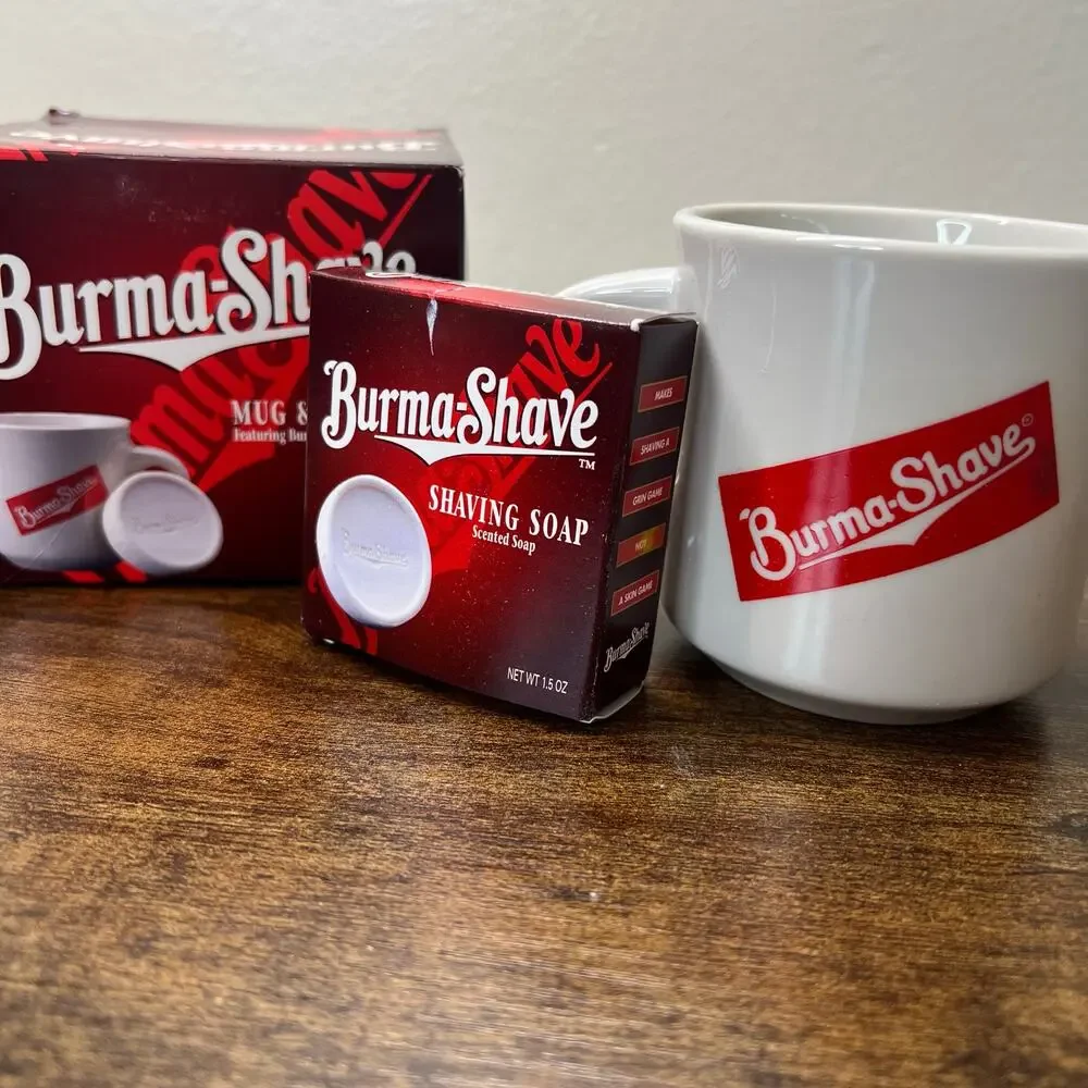 Vtg Burma Shave Mug & Soap Set Kit Retro Ceramic Cup Grooming Skincare Self Care